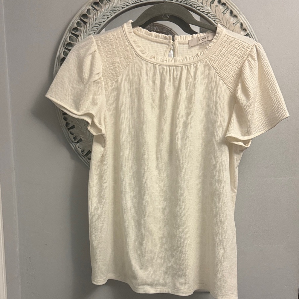 LOFT Cream Short-Sleeve Blouse with Smocked Yoke